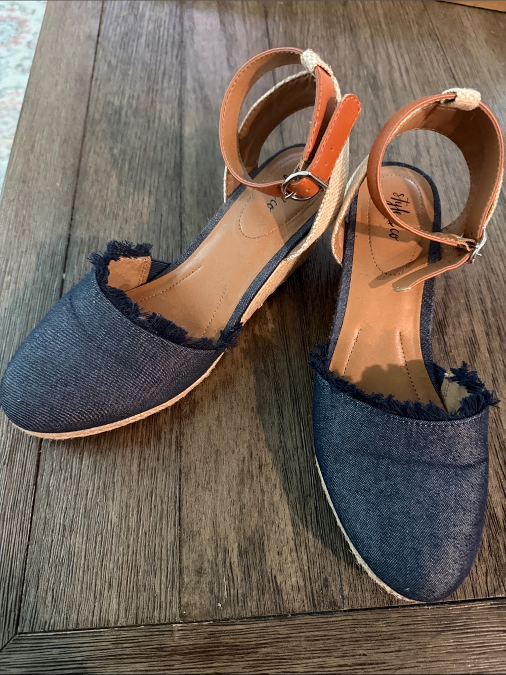 Style & Co. Navy Denim Espadrille Wedge Sandals with Tan Ankle Strap